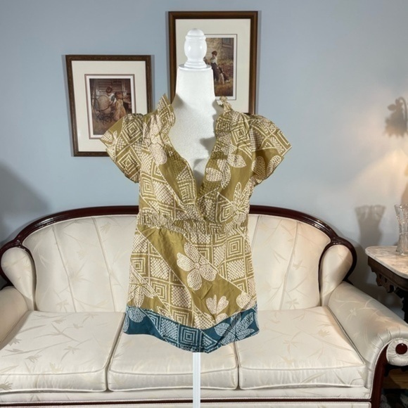 bcbgmaxazria Green V-Neck 100% Silk Top With Ruffles Size Small - Picture 2 of 10